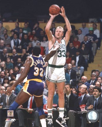 Larry Bird Taking A Shot And Magic Johnson
