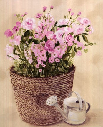Pink Flowers In Basket With Watering Can