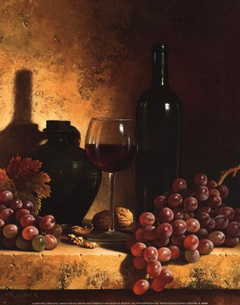 Wine Bottle, Grapes and Walnuts