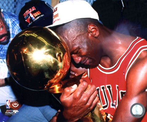Michael Jordan Game 5 of the 1991 NBA Finals with Championship Trophy