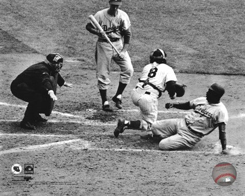 Jackie Robinson steals home during the 1955 World Series
